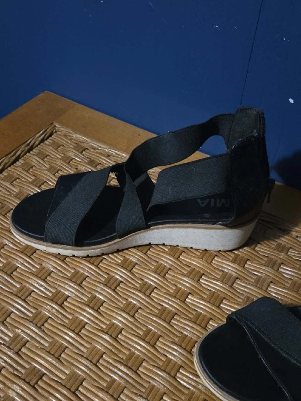 MIA Black and White Wedge Sandals with Stretch Cross Straps